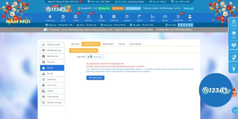 Cách nạp tiền 123B