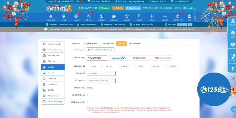 Nạp tiền 123B bằng thẻ cào