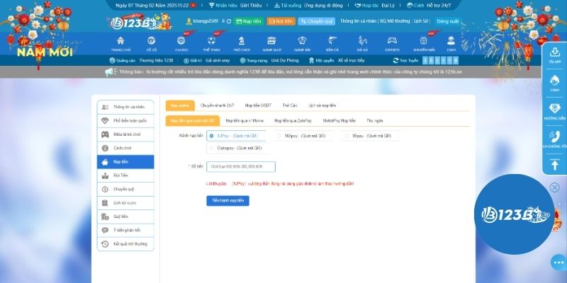 Nạp tiền 123B online